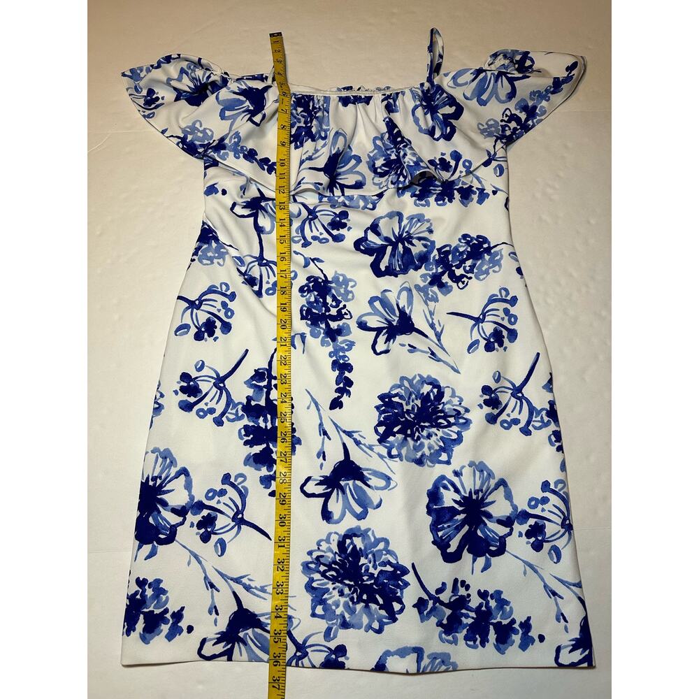 Lauren by Ralph Lauren Women's Cold-Shoulder Floral Crepe Blue And White Dress 8 - Picture 4 of 7